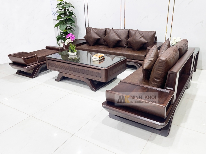 Bộ Sofa Gỗ Óc Chó Bọc Nệm Da Sang Trọng - SF889