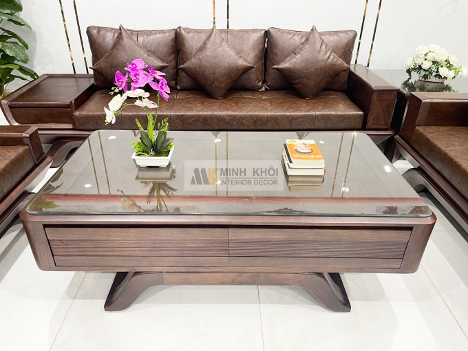 Bộ Sofa Gỗ Óc Chó Bọc Nệm Da Sang Trọng - SF889