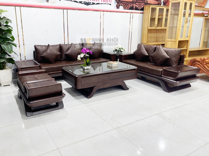 Bộ Sofa Gỗ Óc Chó Bọc Nệm Da Sang Trọng - SF889