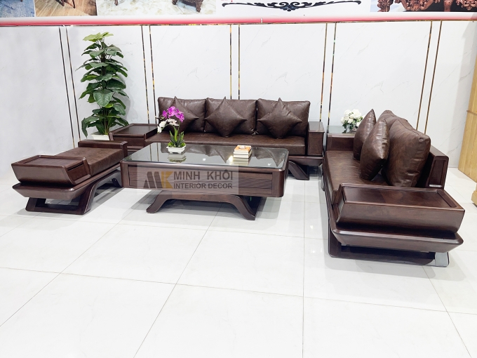 Bộ Sofa Gỗ Óc Chó Bọc Nệm Da Sang Trọng - SF889