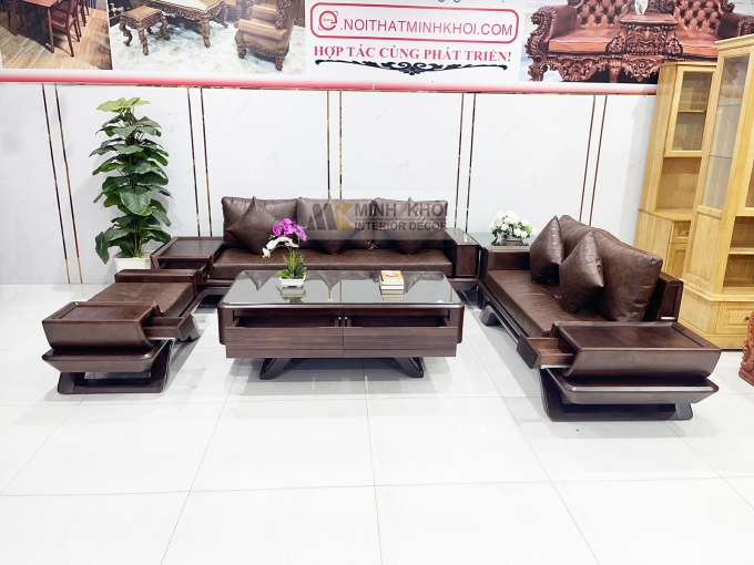 Bộ Sofa Gỗ Óc Chó Bọc Nệm Da Sang Trọng - SF889