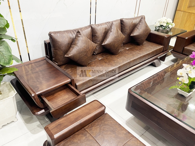 Bộ Sofa Gỗ Óc Chó Bọc Nệm Da Sang Trọng - SF889
