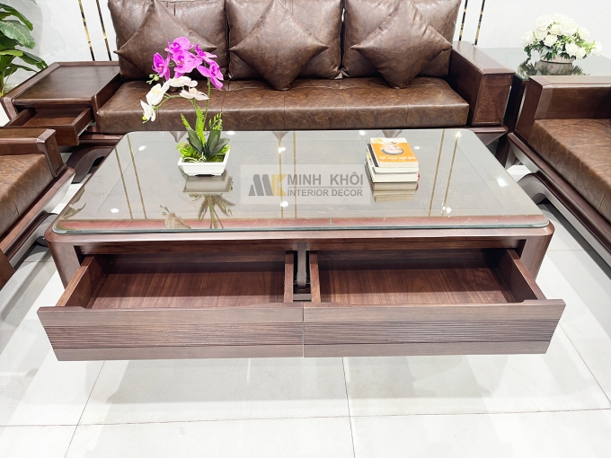 Bộ Sofa Gỗ Óc Chó Bọc Nệm Da Sang Trọng - SF889