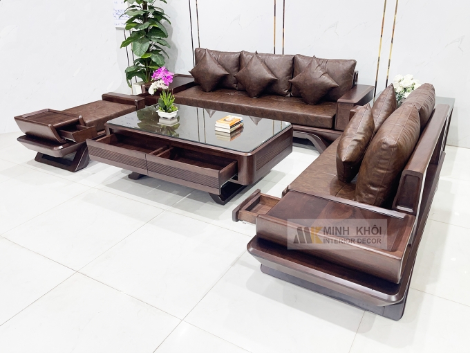 Bộ Sofa Gỗ Óc Chó Bọc Nệm Da Sang Trọng - SF889
