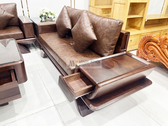 Bộ Sofa Gỗ Óc Chó Bọc Nệm Da Sang Trọng - SF889