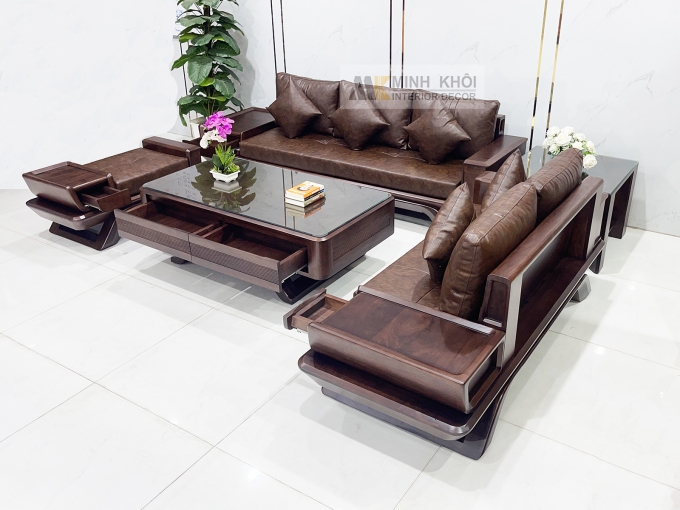 Bộ Sofa Gỗ Óc Chó Bọc Nệm Da Sang Trọng - SF889
