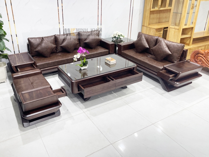 Bộ Sofa Gỗ Óc Chó Bọc Nệm Da Sang Trọng - SF889