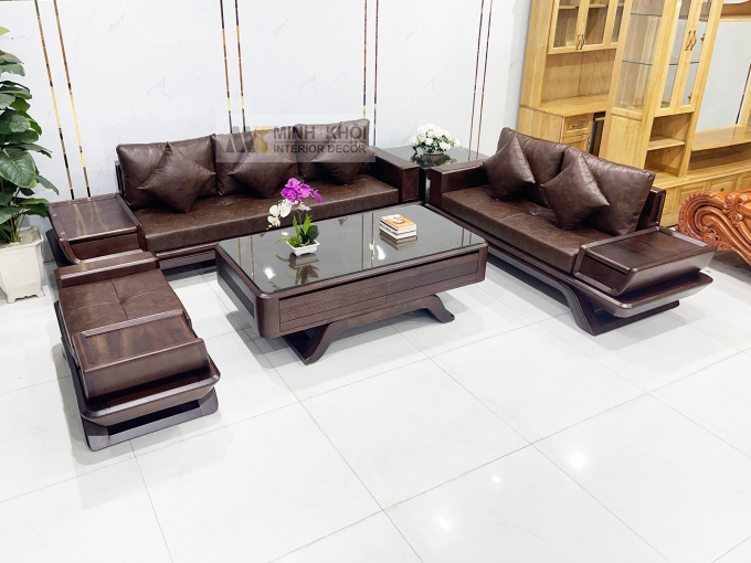 Bộ Sofa Gỗ Óc Chó Bọc Nệm Da Sang Trọng - SF889