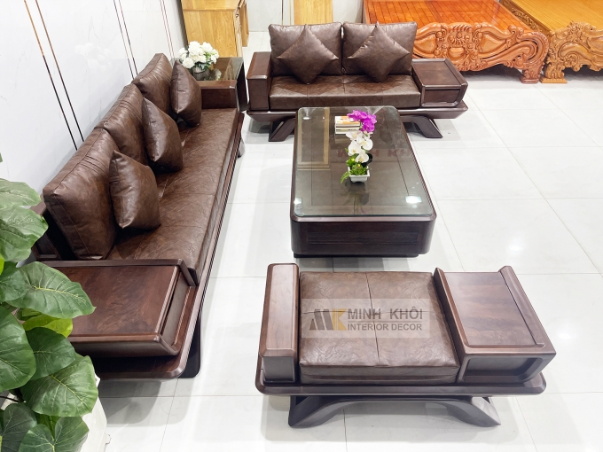 Bộ Sofa Gỗ Óc Chó Bọc Nệm Da Sang Trọng - SF889