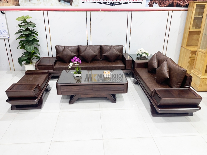 Bộ Sofa Gỗ Óc Chó Bọc Nệm Da Sang Trọng - SF889