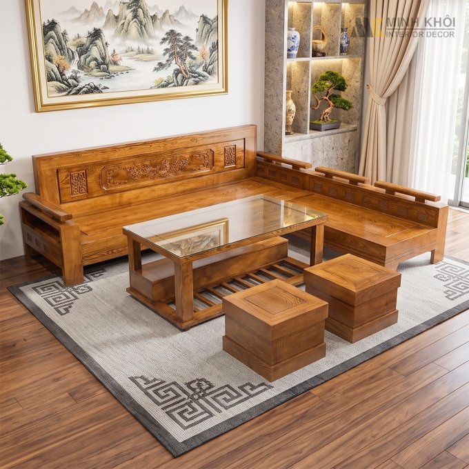 Bộ Sofa Gỗ Sồi Màu Óc Chó Đẹp Giá Rẻ - SF2015