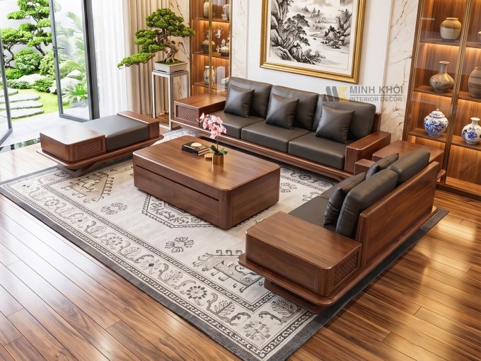 Bộ Sofa Gỗ Sồi Màu Óc Chó Đẹp Hiện Đại - SF2021