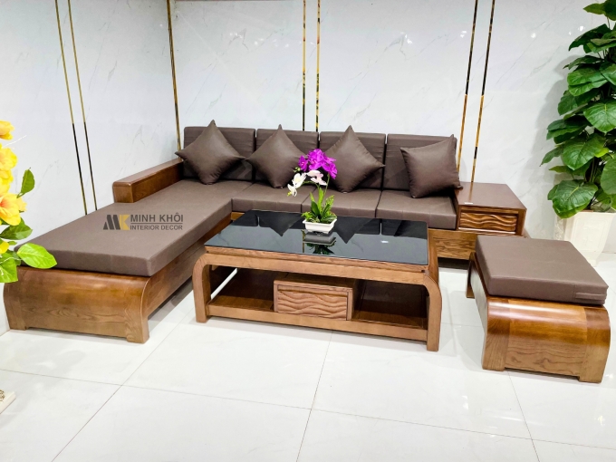 Bộ Sofa Gỗ Sồi Óc Chó Góc 4 Món Chân Cong - SF977