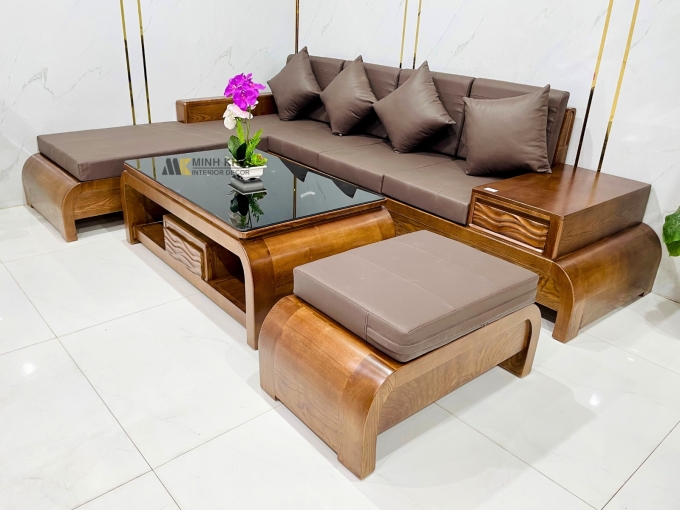 Bộ Sofa Gỗ Sồi Óc Chó Góc 4 Món Chân Cong - SF977