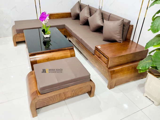 Bộ Sofa Gỗ Sồi Óc Chó Góc 4 Món Chân Cong - SF977