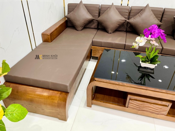 Bộ Sofa Gỗ Sồi Óc Chó Góc 4 Món Chân Cong - SF977