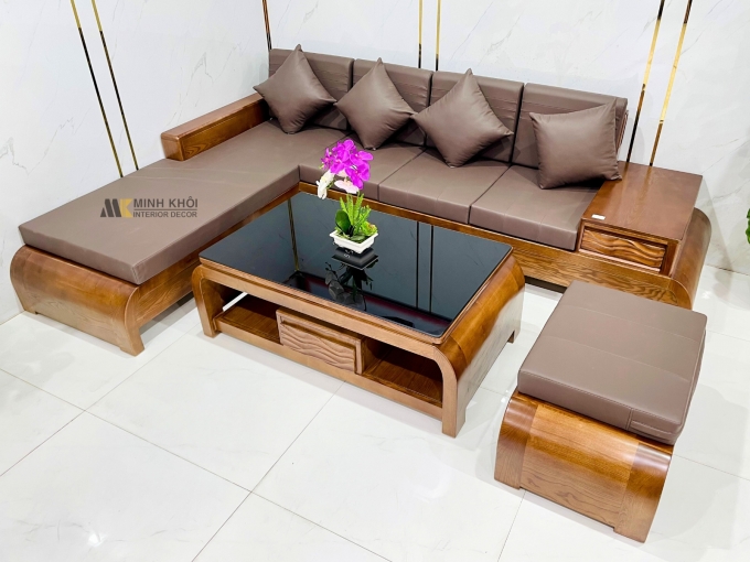 Bộ Sofa Gỗ Sồi Óc Chó Góc 4 Món Chân Cong - SF977