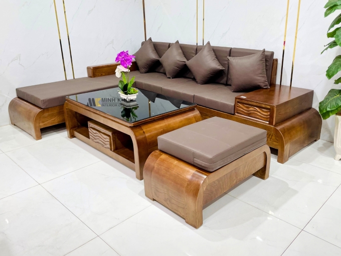 Bộ Sofa Gỗ Sồi Óc Chó Góc 4 Món Chân Cong - SF977