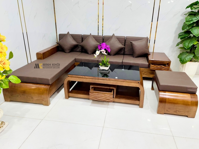 Bộ Sofa Gỗ Sồi Óc Chó Góc 4 Món Chân Cong - SF977