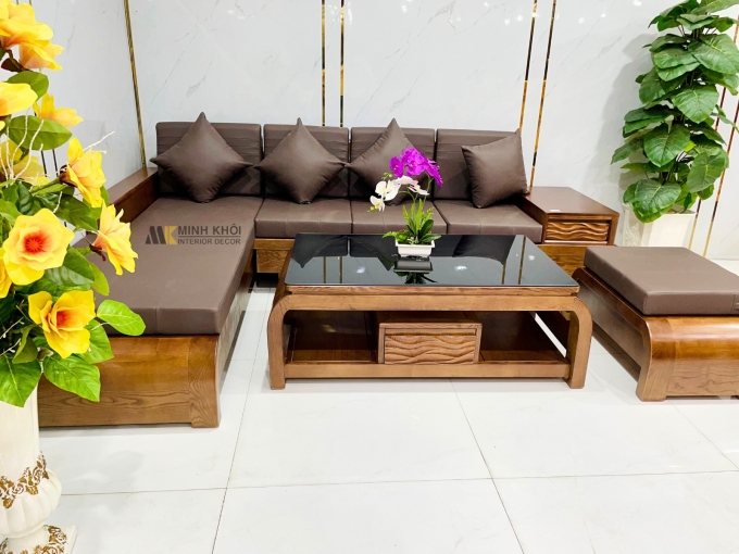 Bộ Sofa Gỗ Sồi Óc Chó Góc 4 Món Chân Cong - SF977