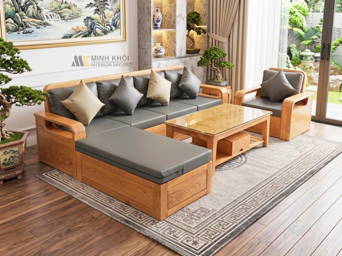 Bộ Sofa Gỗ Sồi Tự Nhiên 4 Món Cao Cấp - SF227G