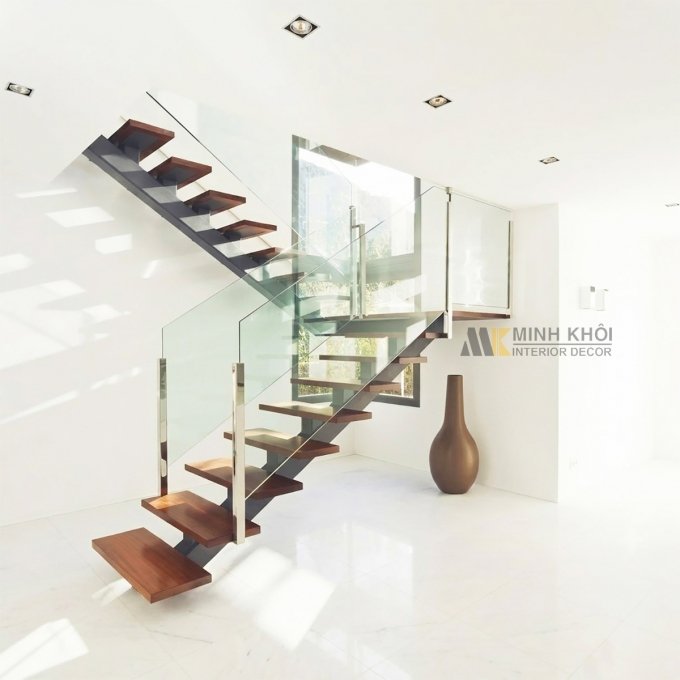 Cầu Thang Gỗ Kính Đẹp Gấp Khúc - CTG2209