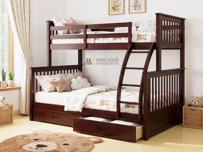 Giường 2 Tầng Màu Đen Gỗ Tự Nhiên Có Hộc - GT211