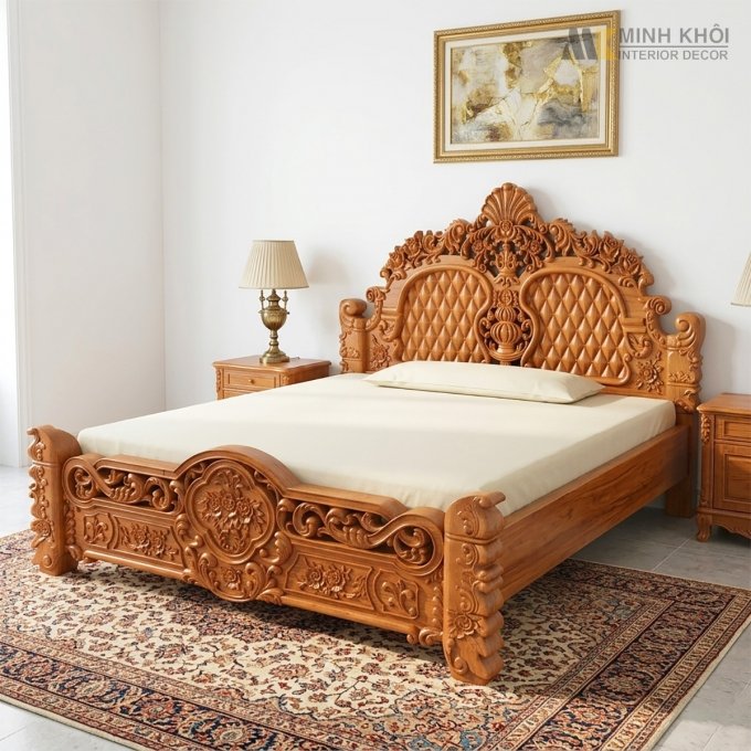 Giường Đẹp Gỗ Gõ Đỏ Cổ Điển Hoa Hồng - GN1040