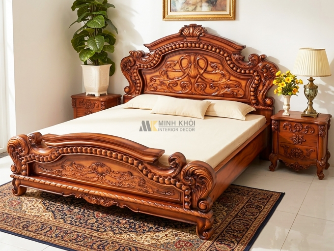 Giường Gõ Đỏ Hoa Lá Tây Cao Cấp Giả Cổ - GN1061