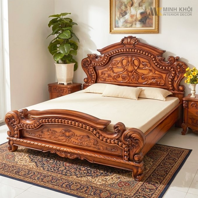 Giường Gõ Đỏ Hoa Lá Tây Cao Cấp Giả Cổ - GN1061
