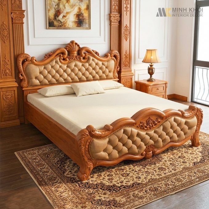 Giường Gõ Đỏ Hoàng Gia Tân Cổ Điển Bọc Nệm - GN411