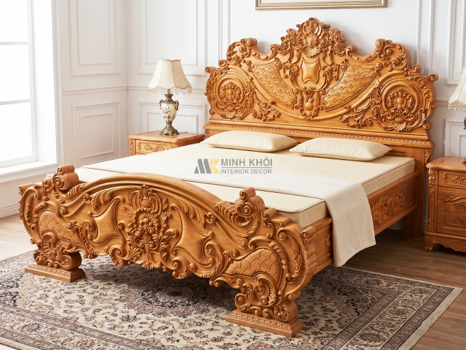 Giường Gõ Đỏ Hoàng Gia Tân Cổ Điển Nguyên Khối - GN939