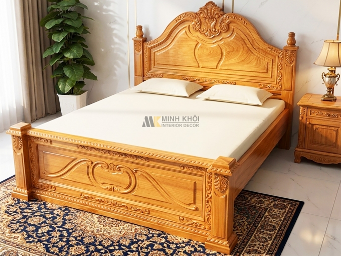 Giường Gõ Đỏ Louis Chân Vuông Cao Cấp - GN444