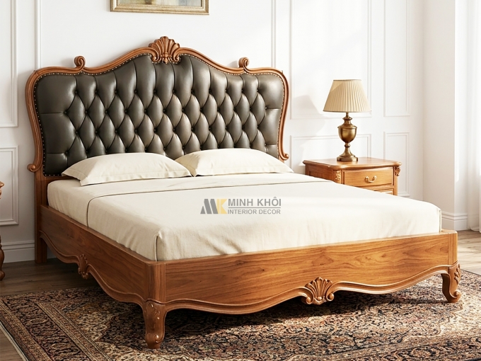 Giường Gõ Đỏ Tân Cổ Điển Bọc Nệm - GN169