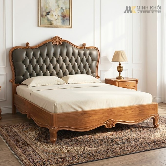 Giường Gõ Đỏ Tân Cổ Điển Bọc Nệm - GN169