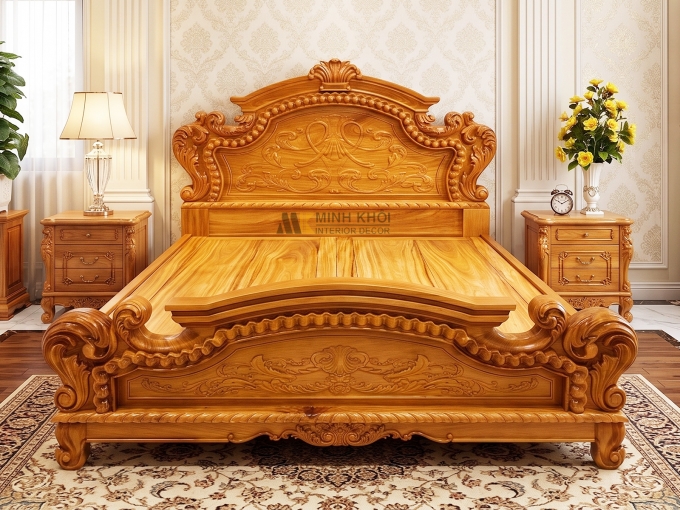 Giường Gõ Đỏ Tân Cổ Điển Hoa Lá Tây Đẳng Cấp - GN1060