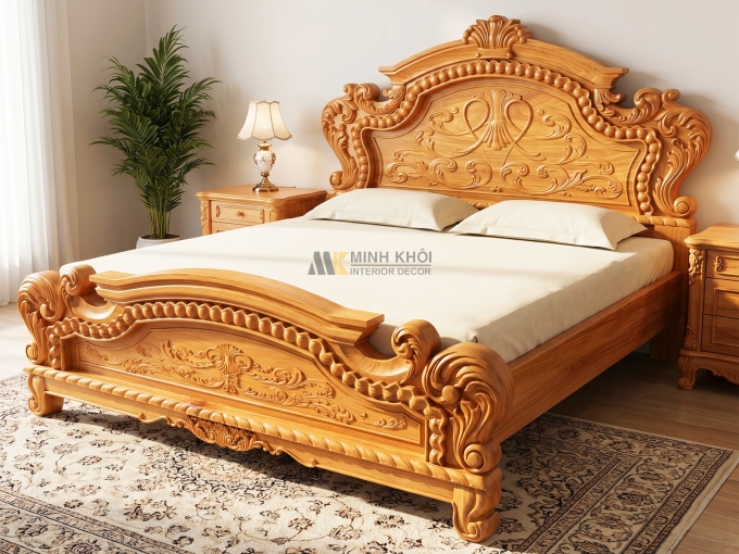 Giường Gõ Đỏ Tân Cổ Điển Hoa Lá Tây Đẳng Cấp - GN1060