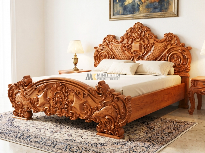 Giường Gỗ Nguyên Khối Louis Gõ Đỏ Cao Cấp - GN068