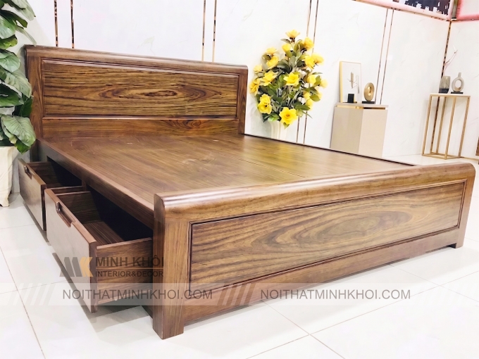 Giường Gỗ Sồi Phủ Óc Chó Long Khung Hộc Kéo – GN953