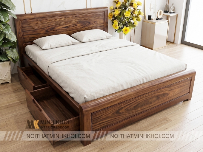 Giường Gỗ Sồi Phủ Óc Chó Long Khung Hộc Kéo – GN953