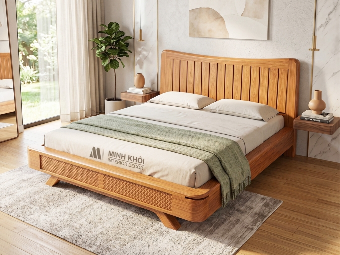 Giường Kiểu Nhật Gỗ Tự Nhiên Phủ Gõ Đỏ Chân Thuyền - GN955