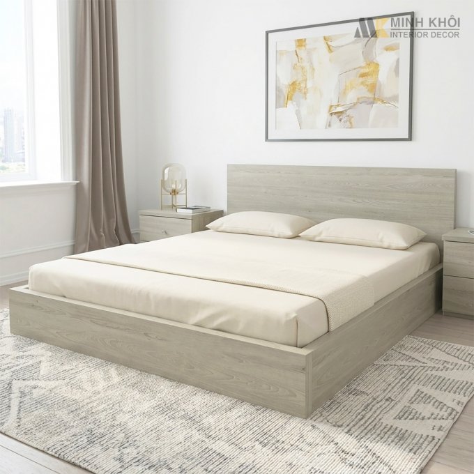 Giường Ngủ Gỗ Giá Rẻ Chất Liệu MFC Màu Sồi Xám - GN910