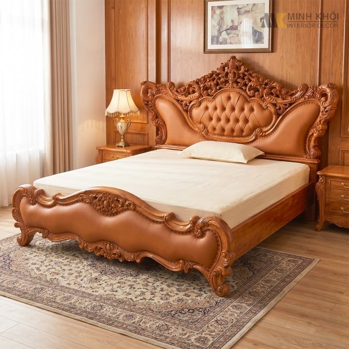 Giường Ngủ Gỗ Gõ Đỏ Bọc Nệm Cổ Điển - GN949
