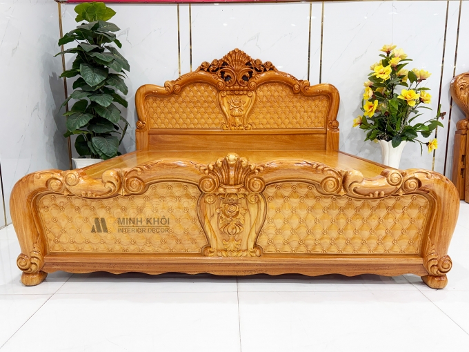 Giường Ngủ Gỗ Gõ Đỏ Hoa Mai Phối Hoa Hồng – GN960