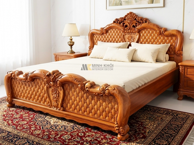 Giường Ngủ Gỗ Gõ Đỏ Hoa Mai Phối Hoa Hồng – GN960