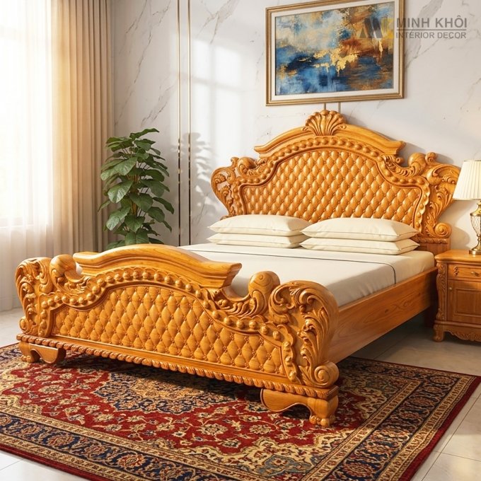 Giường Ngủ Gỗ Gõ Đỏ Tân Cổ Điển Hoa Mai – GN946