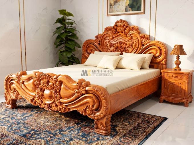 Giường Ngủ Gỗ Hương Đá Louis Chạm Hoa Hồng - GN944