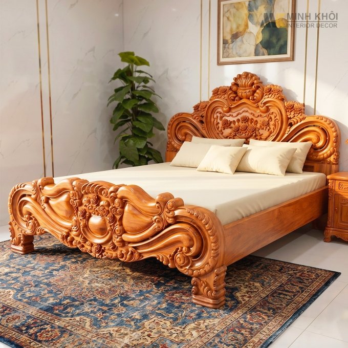 Giường Ngủ Gỗ Hương Đá Louis Chạm Hoa Hồng - GN944