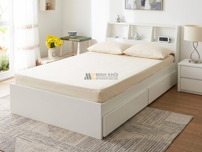 Giường ngủ gỗ MDF sơn trắng có hộc kéo - GN016
