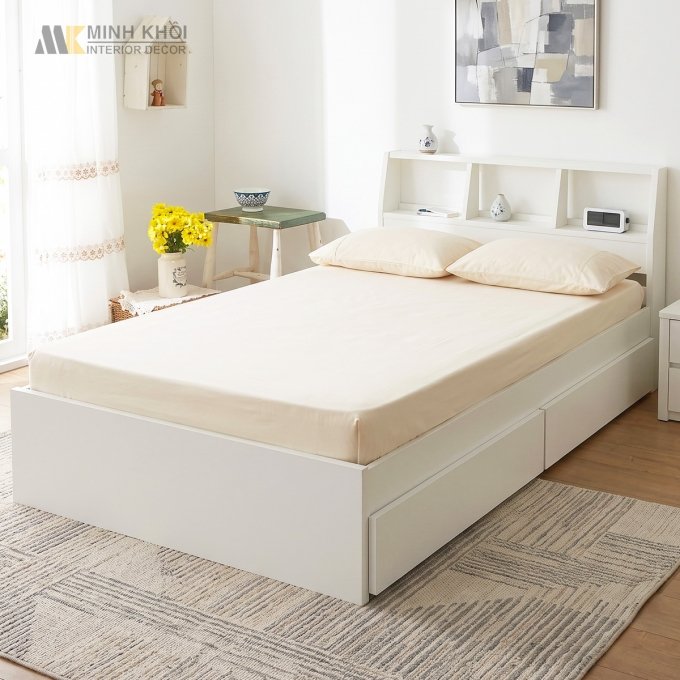 Giường ngủ gỗ MDF sơn trắng có hộc kéo - GN016